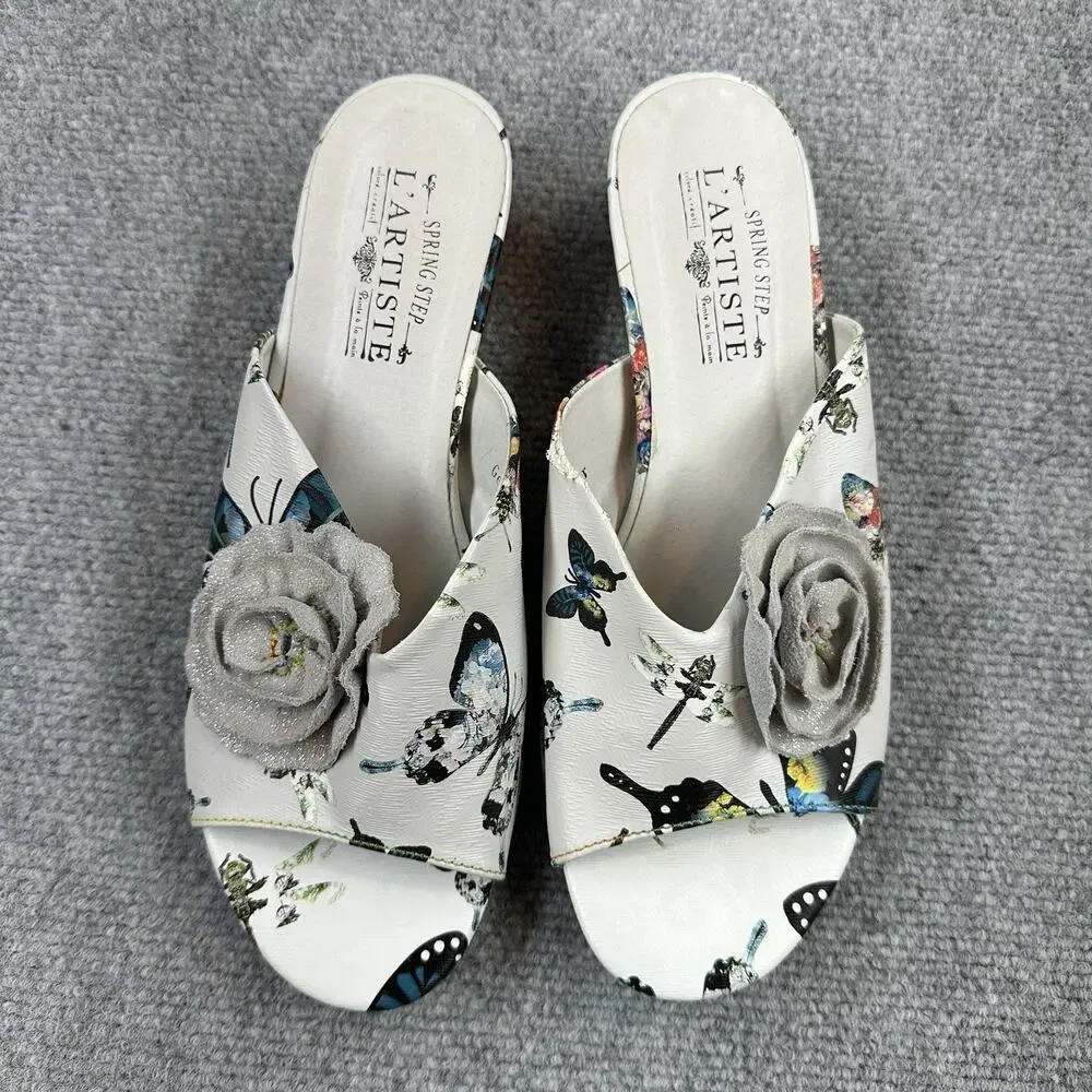 L'Artiste By Spring Step Isittora White Multi Women's Slides Size 9 Butterfly